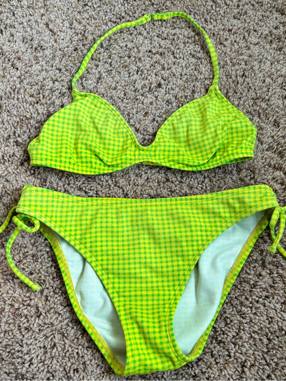 Neon Yellow-Green Gingham Bikini Set